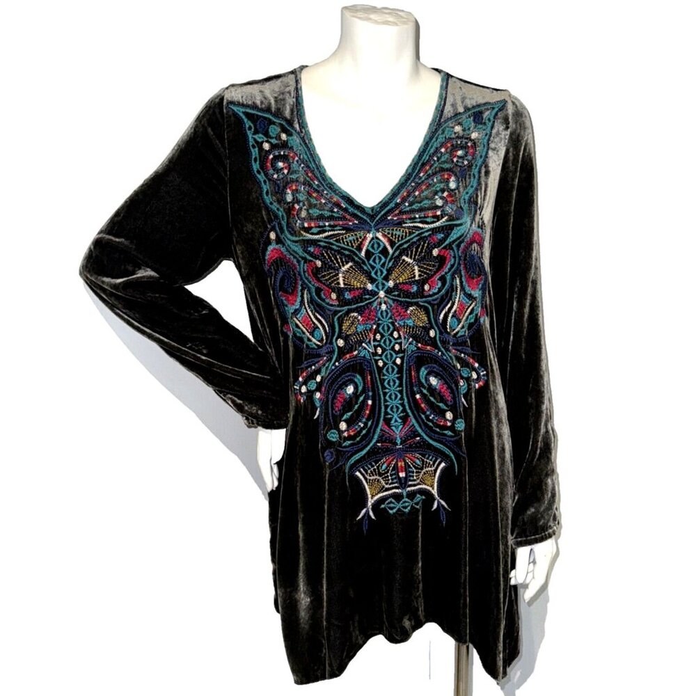 🖤JOHNNY WAS Butterfly Embroidered Velvet SILK Top SM Whimsigoth Festival Fairy